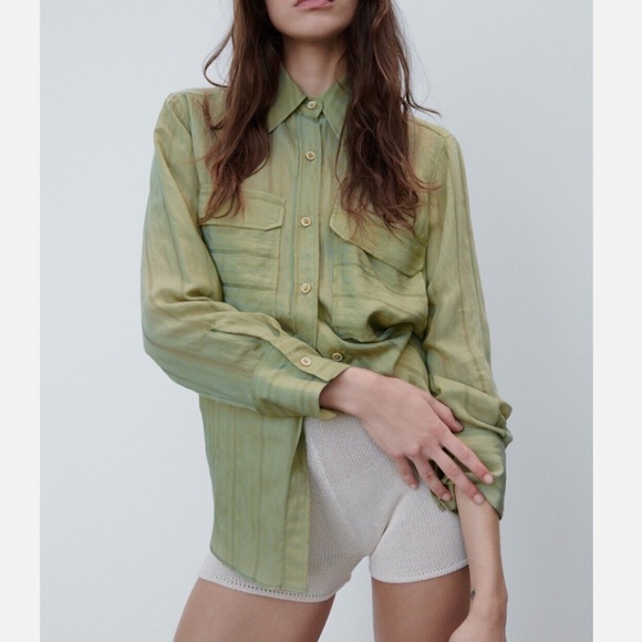 Zara light green shiny khaki striped long sleeve blouse NWT - Picture 1 of 9